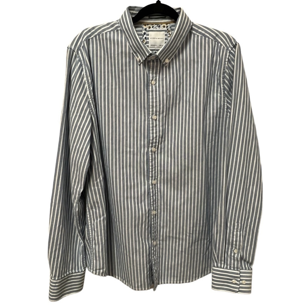 RICKY & MICKY Men’s 100% Cotton Light Blue & White Stripped Button Up Shirt, XL